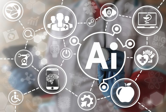 AI IT iot medicine integration automation computer health care web big data concept. Artificial intelligence healthy computing modernization medical engineering technology