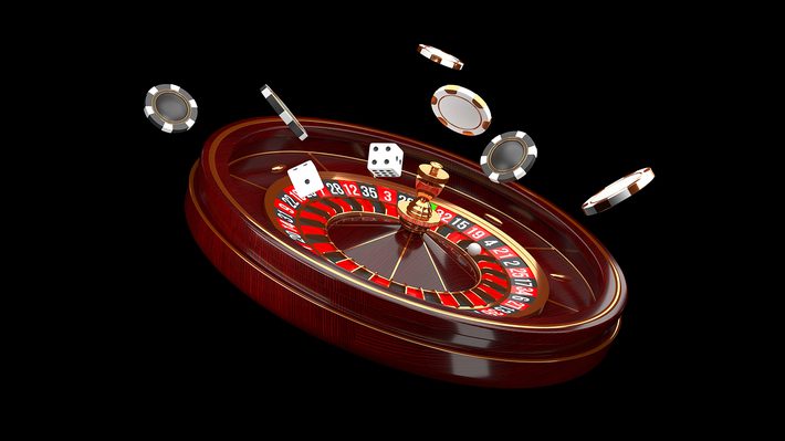 Casino background. Luxury Casino roulette wheel isolated on black background. Casino theme. Close-up white casino roulette with a ball, chips and dice. Poker game table. 3d rendering illustration.