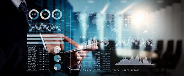 Investor analyzing stock market report and financial dashboard w