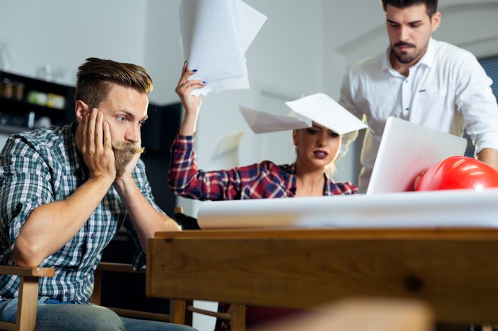 Business people conflict problem, team working throw papers, documents fly in air