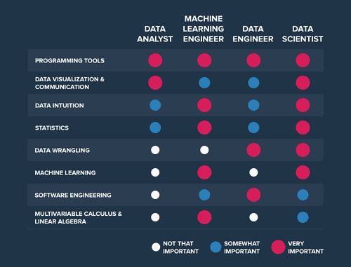 A chart showing the importance of skillsets in different data roles
