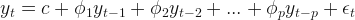 y_t=c + \phi_1 y_{t-1}+ \phi_2y_{t-2}+...+\phi_py_{t-p}+\epsilon_t