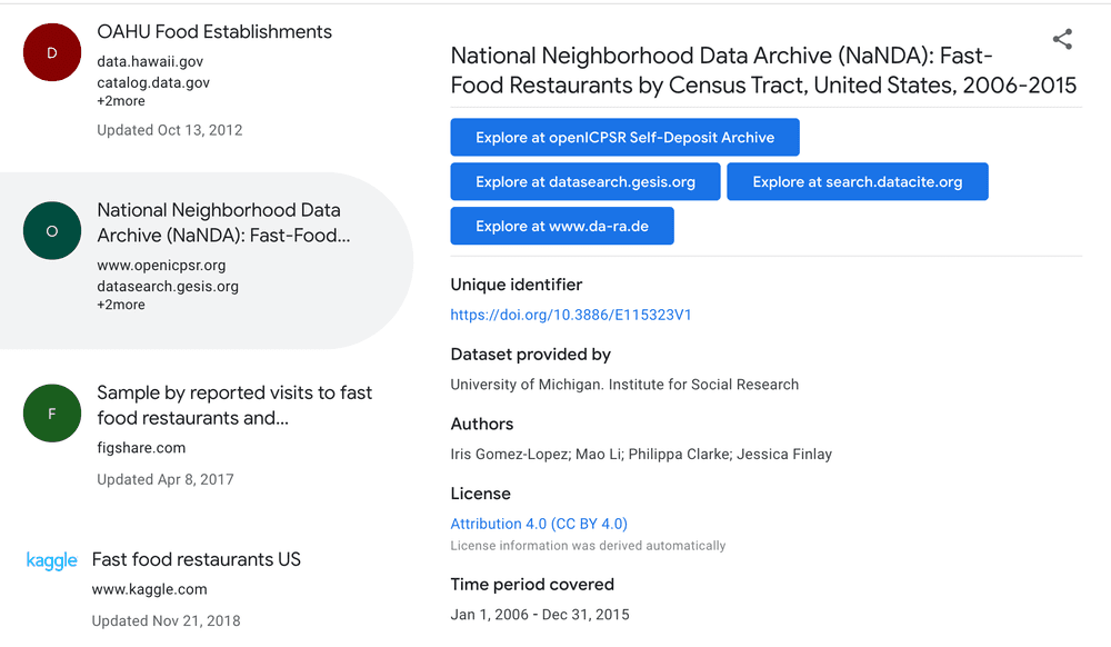 Dataset search - fast food establishments