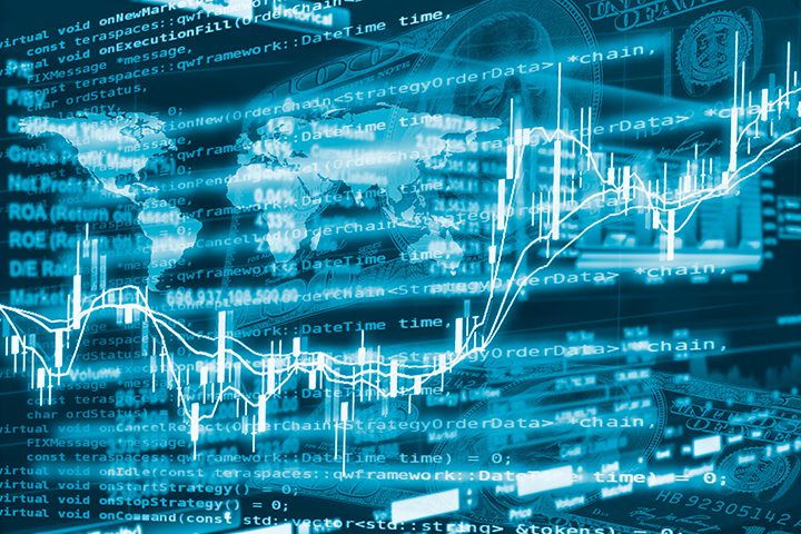 Algorithmic investment and trading concept. Double exposure of s