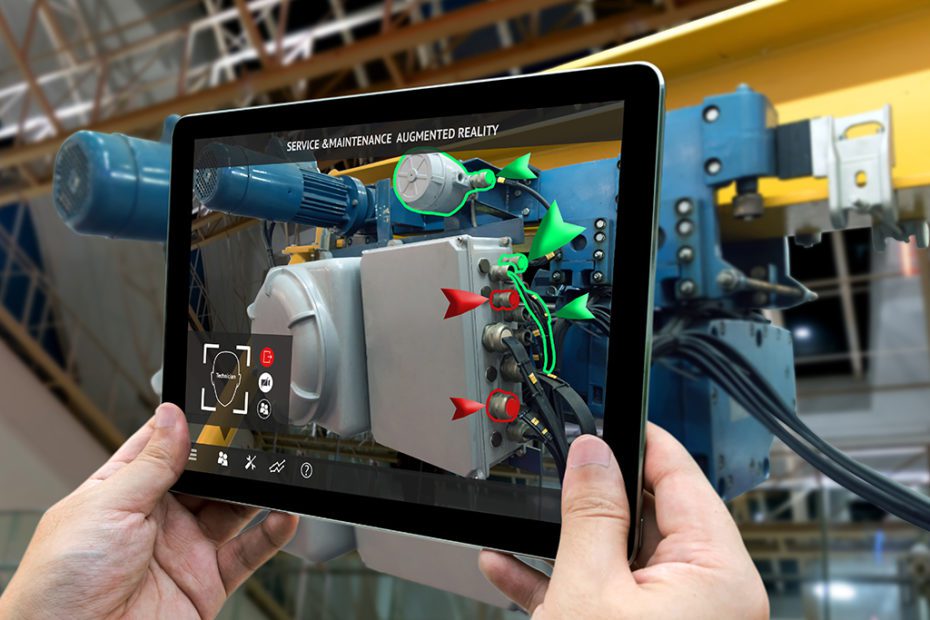 Industrial 4.0 , Augmented reality concept. Hand holding tablet