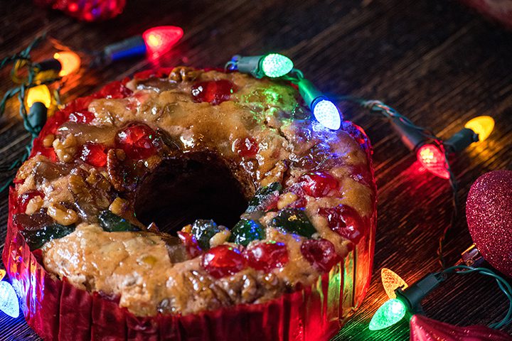 Christmas fruitcake with festive lights