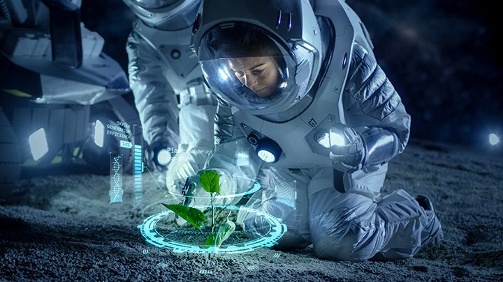 Two Astronauts Analyzing Plant Life Found on Alien Planet. Infog