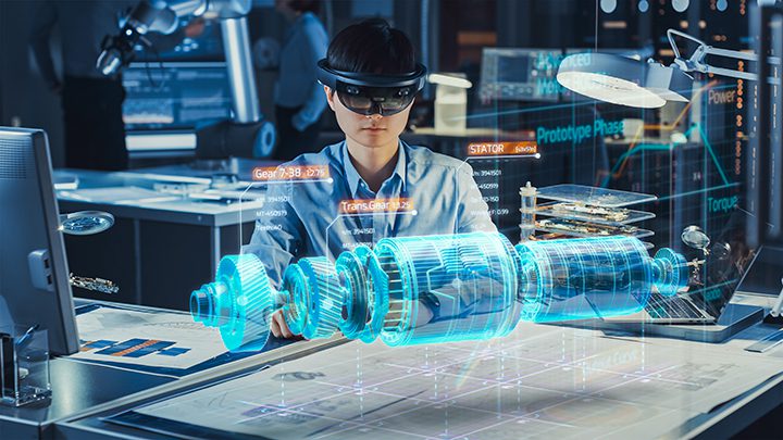 Industrial Factory Chief Engineer Wearing AR Headset Designs a P