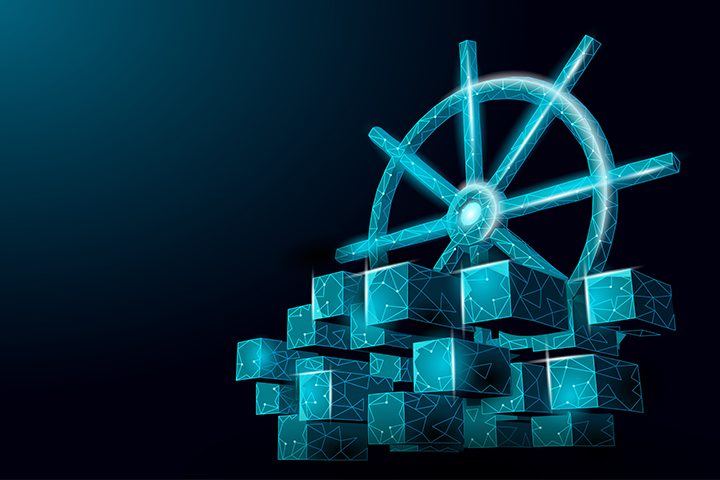 Wheel helm on container computer developer app concept. Business digital open source program. Data coding steering 3D low polygonal vector line illustration