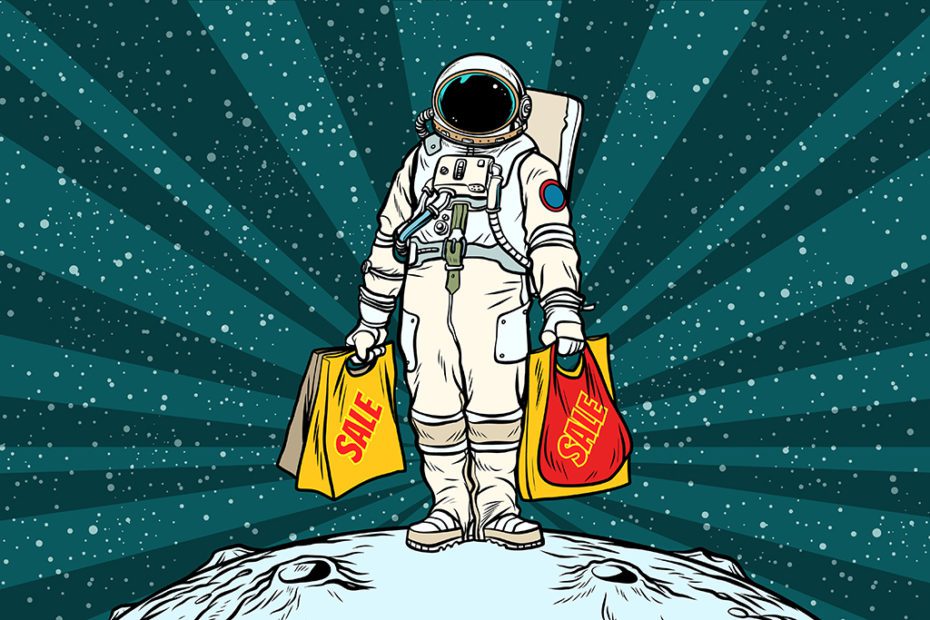 Lone retro astronaut with a sale shopping bags