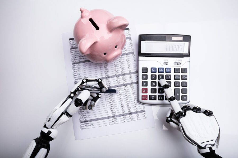 Robot Examining Financial Report With Calculator