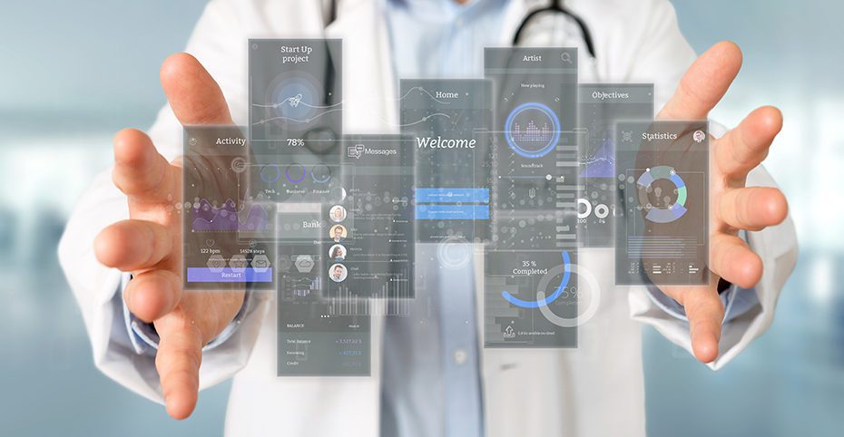 Doctor holding User interface screens with icon, stats and data 3d rendering