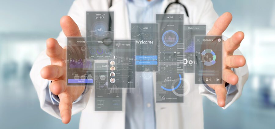 Doctor holding User interface screens with icon, stats and data 3d rendering