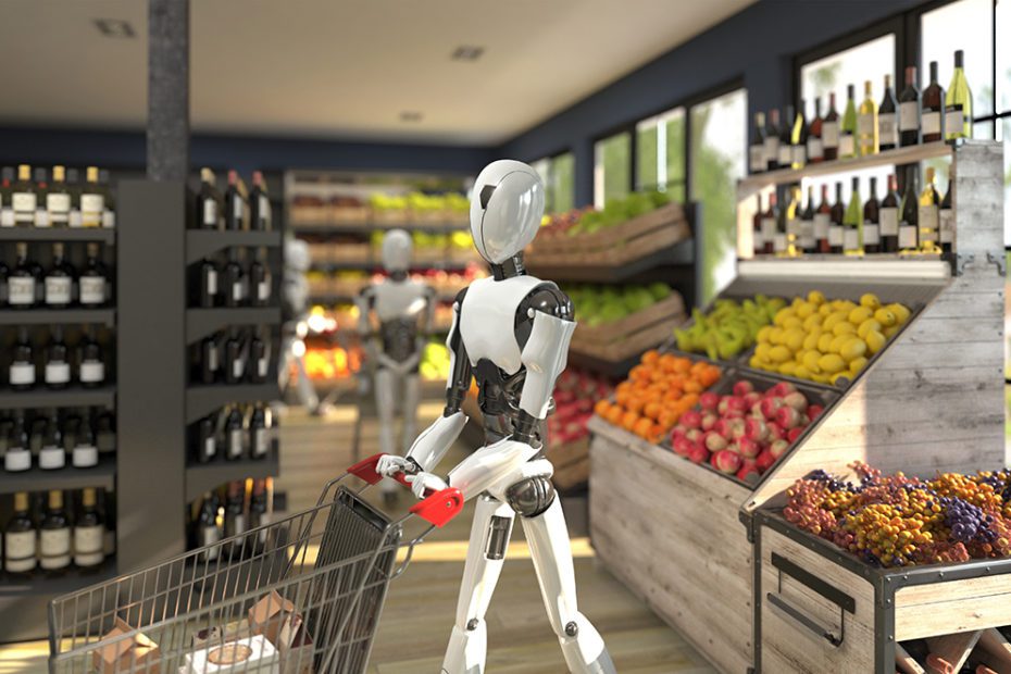 A humanoid robot with a shopping trolley is shopping at a grocer