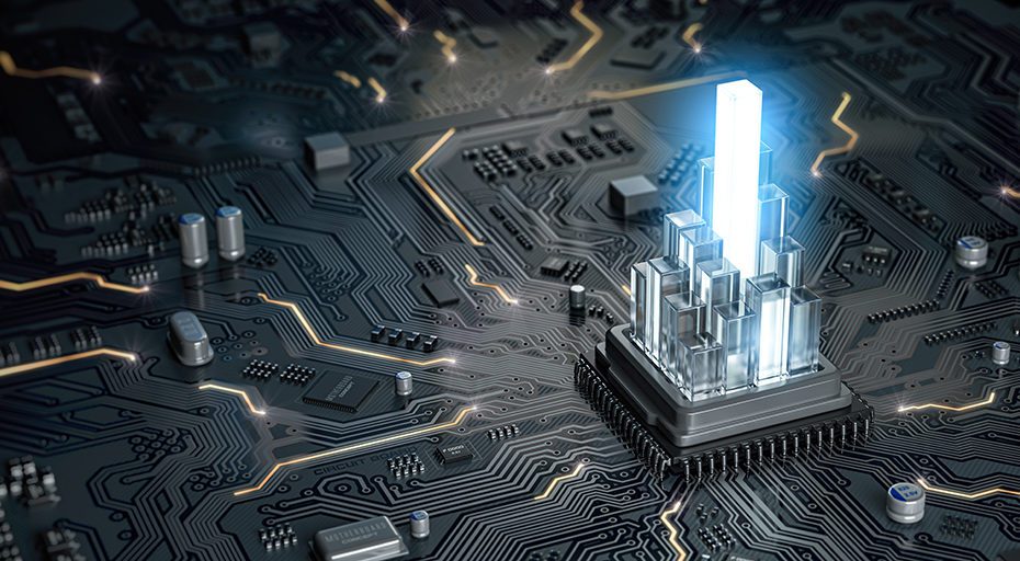 CPU processor with graph from crystales on the circuit board mot