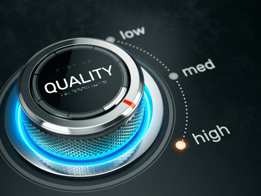 High quality level concept – quality level button on high position. 3d rendering