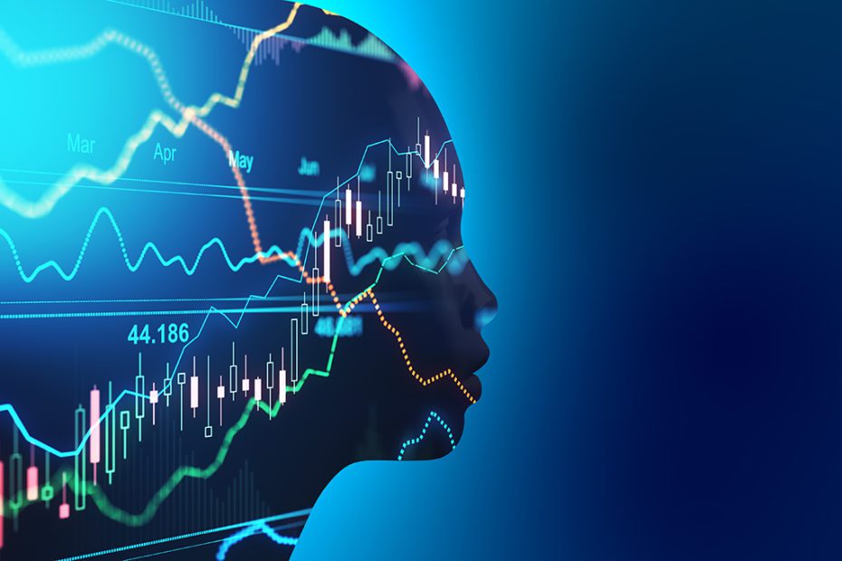 Artificial intellingence trading concept with robot silhouette at blue background and forex chart data with financial graphs inside. Double exposure