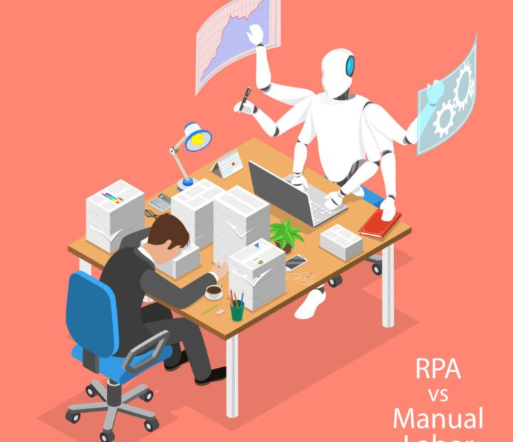 Isometric flat vector concept of RPA vs manual labor.