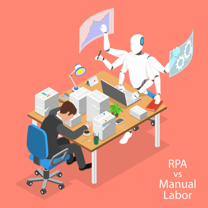 Isometric flat vector concept of RPA vs manual labor.