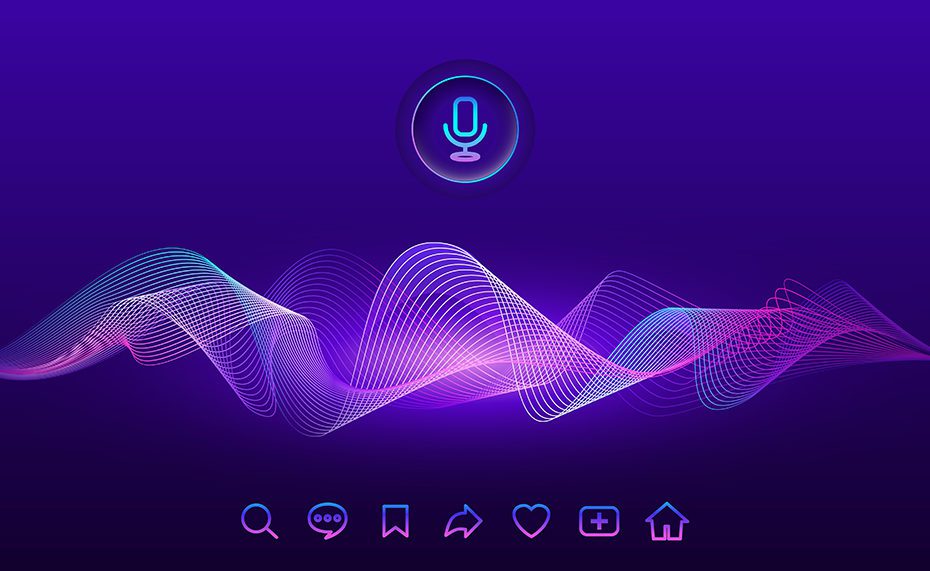 Voice assistant concept Artificial intelligence wave. Microphone control and sound recognition. Hi-tech neon AI signal equalizer. Button icons on digital audio spectrum line. Vector stock illustration