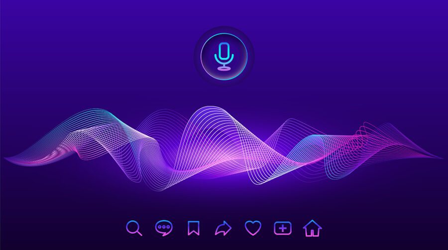 Voice assistant concept Artificial intelligence wave. Microphone control and sound recognition. Hi-tech neon AI signal equalizer. Button icons on digital audio spectrum line. Vector stock illustration