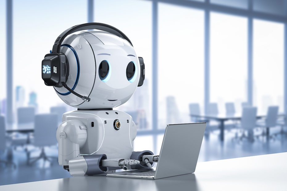 cute artificial intelligence robot with notebook