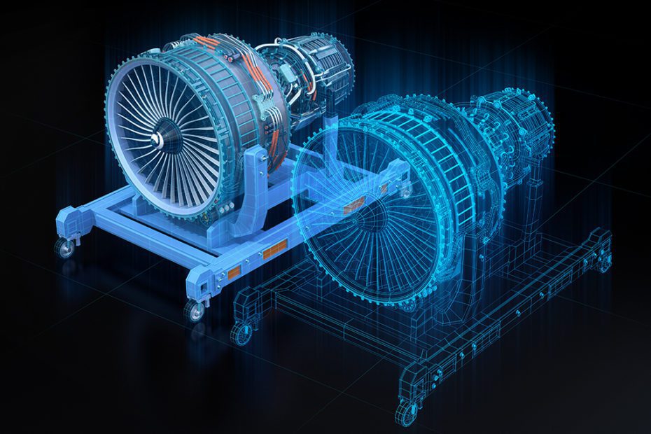 Wireframe rendering of turbojet engine and mirrored physical bod