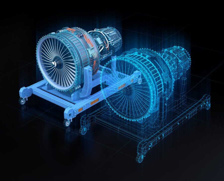 Wireframe rendering of turbojet engine and mirrored physical bod