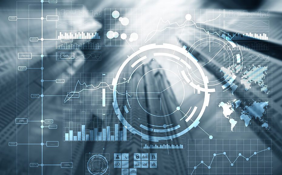 Financial dashboard with business intelligence BI. Blurred megapolis