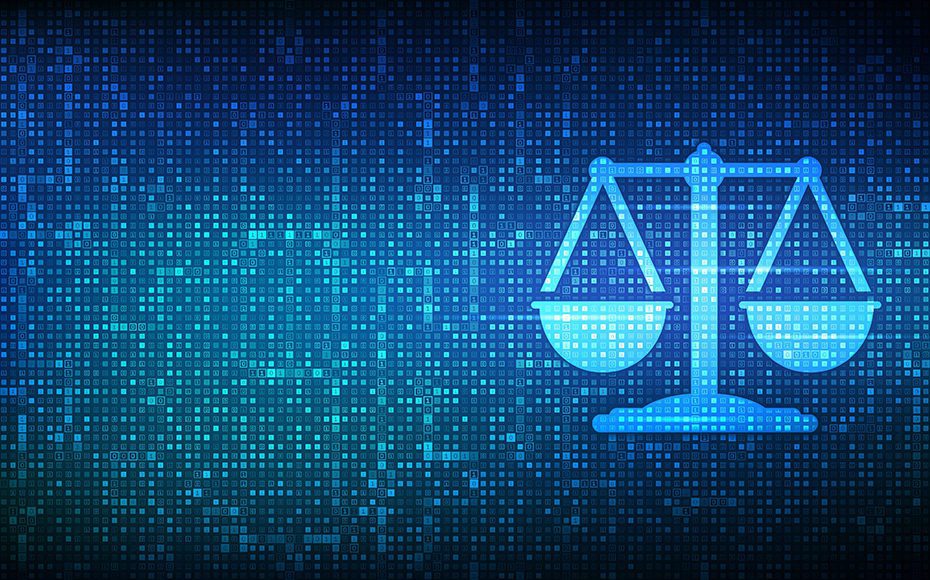 Internet law icon made with binary code. Cyberlaw as digital legal services or online lawyer advice concept. Labor law, Lawyer, Attorney at law. Digital binary data and streaming digital code. Vector.