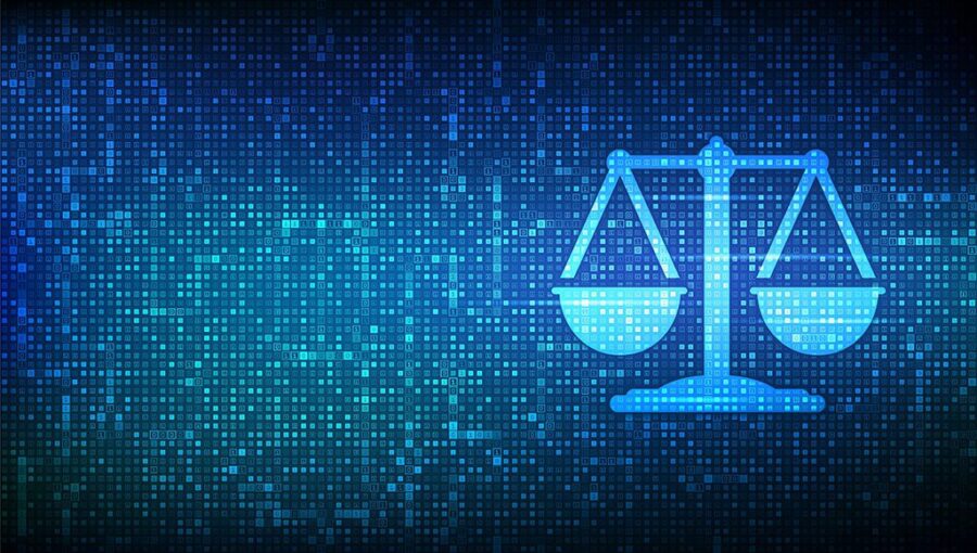 Binary code internet law icon.  Cyberlaw as a digital legal service or online legal advice concept.  Labor Law, Lawyer, Lawyer.  Digital binary data and streaming digital code.  Vector.