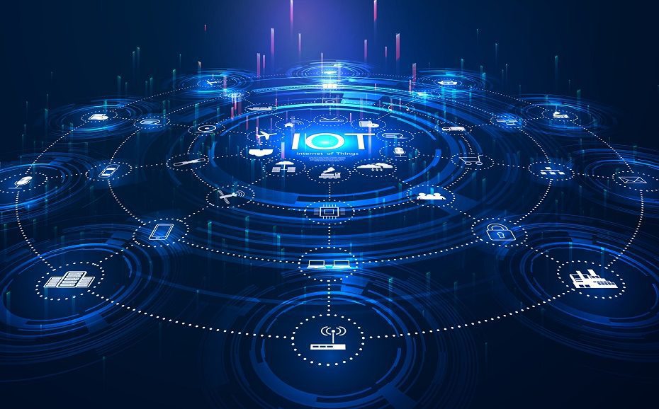 landing page IoT. Internet of things  devices and connectivity concepts on a network. Spider web of network connections with on a futuristic blue background.