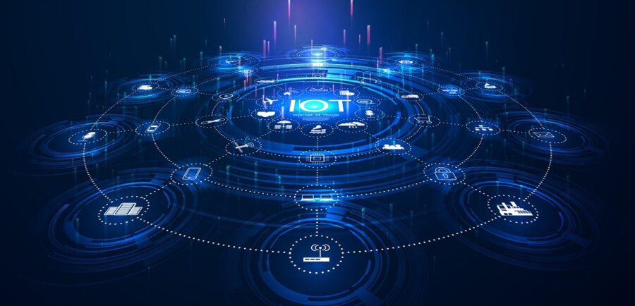 landing page IoT. Internet of things  devices and connectivity concepts on a network. Spider web of network connections with on a futuristic blue background.