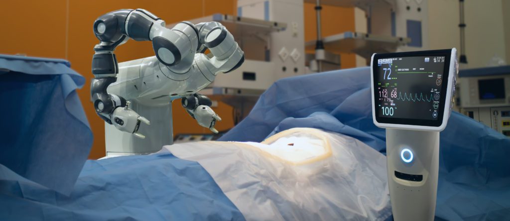 smart medical technology concept, advanced robotic surgery machine in hospital, robotic surgery is precision, miniaturization, smaller incisions, less blood loss, less pain, fast healing time