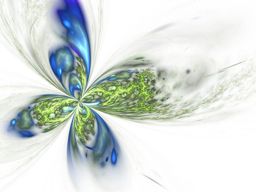 Blue and green fractal flower or butterfly, digital artwork for creative graphic design