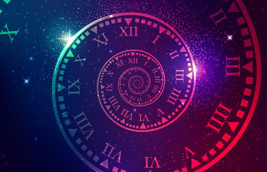 concept of space of time in the universe, spiral clock with galaxy star background