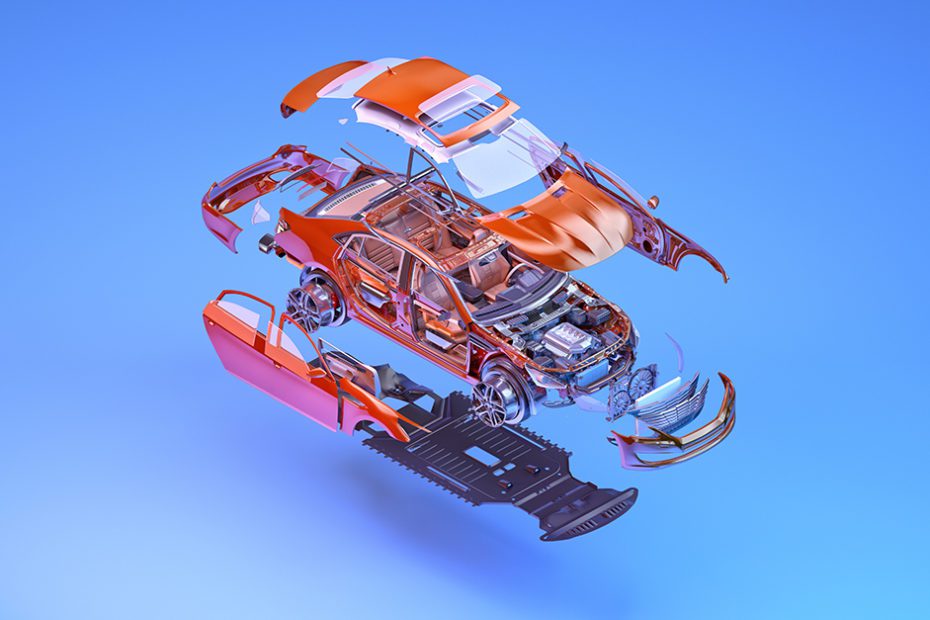 Car sedan mechanical parts isometric exploded view. 3D isometry