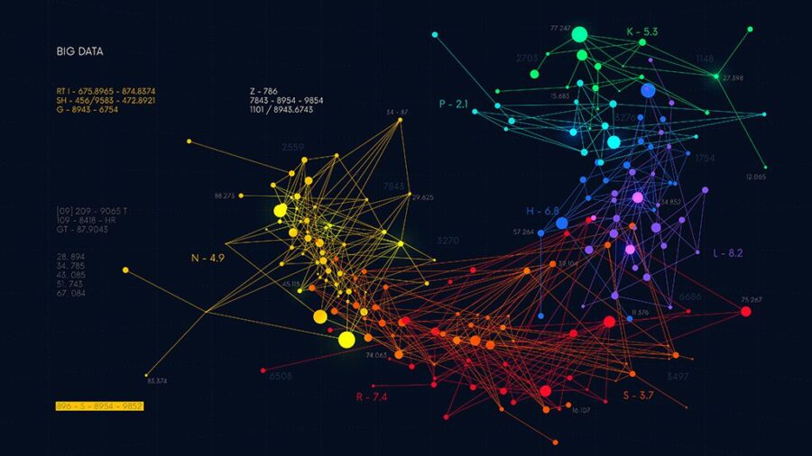 Analysis and sorting financial big data, digital visualization information networks flow, abstract color infographics, vector illustration