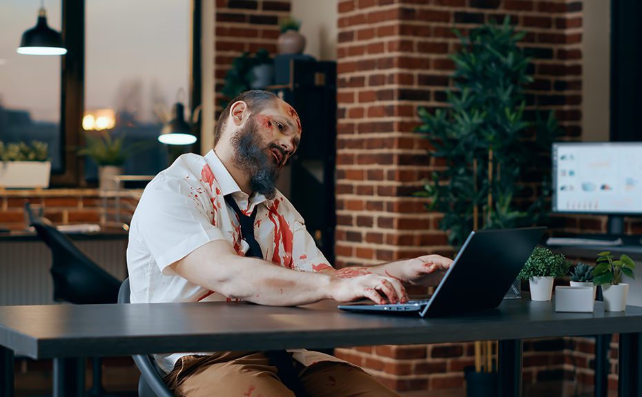 Scary looking zombie trying to work on modern laptop in office workspace.