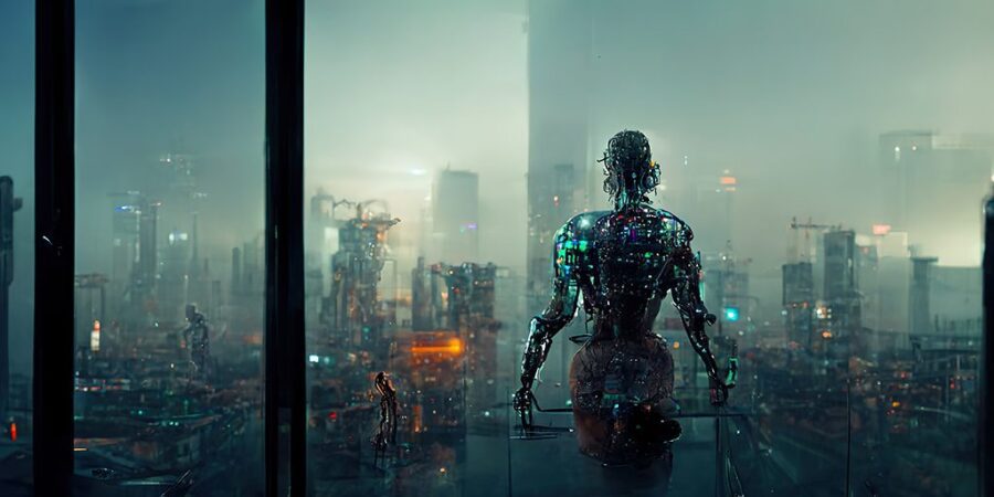 Digital Humanoid 3d Printed Robot Looking At New Modern World Thinking About World Domination Deep Learning Artificial Intelligence 3d Illustration