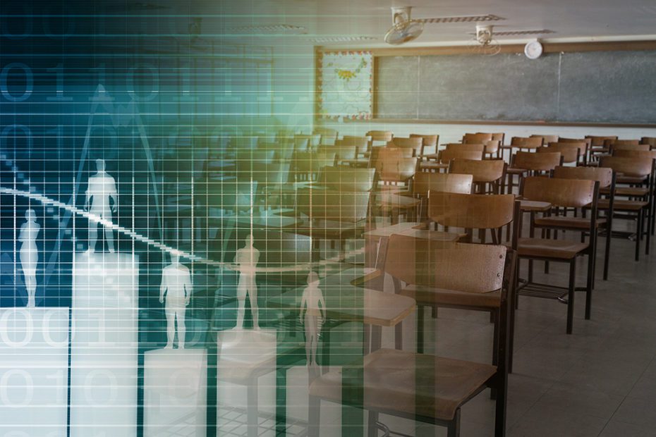 Empty classroom with vintage tone wooden chairs. Back to school