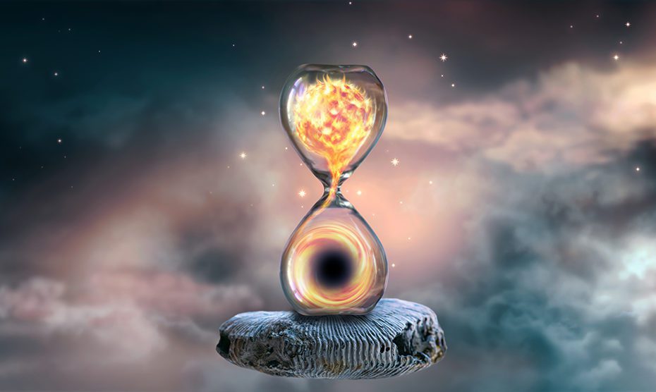 Hourglass hovering in universe with shining star inside clock th