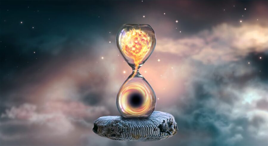 Hourglass hovering in universe with  shining star inside clock that standing on ancient petrified ammonite, which is absorbed by black hole against dramatic starry cloudy sky. Star collapse cataclysm.