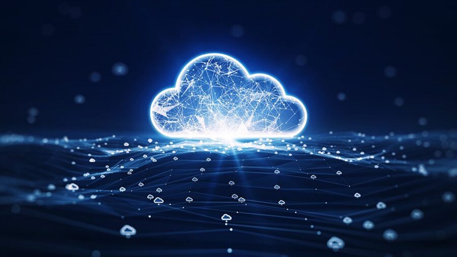 cloud computing technology concept transfer database to cloud. There is a prominent large cloud icon in the center and a small white icon on the connected polygons with a dark blue background.