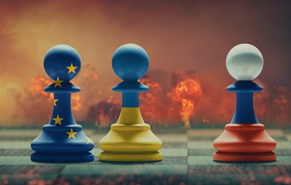 Ukraine, EU and Russia conflict. 3D illustration.