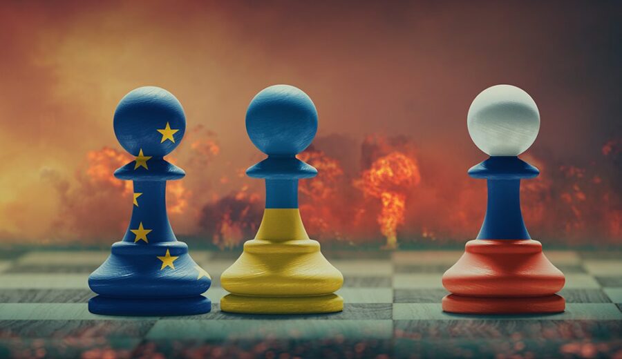 Ukraine, EU and Russia conflict. Country flags on chess pawns on a chess board. 3D illustration.