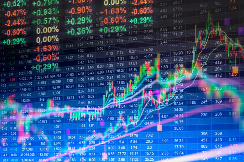 Financial data on a monitor,Stock market data on LED