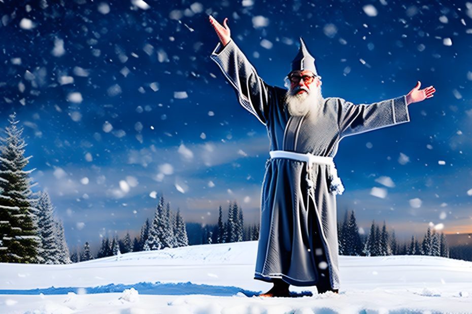 A_wizard_with_glasses_in_gray_and_white_robes_and_a_white_beard_with_raised_arms_summoning_snow_magi_Seed-8080894_Steps-40_Guidance-30.8