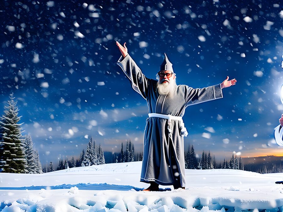 A_wizard_with_glasses_in_gray_and_white_robes_and_a_white_beard_with_raised_arms_summoning_snow_magi_Seed-8080894_Steps-40_Guidance-30.8