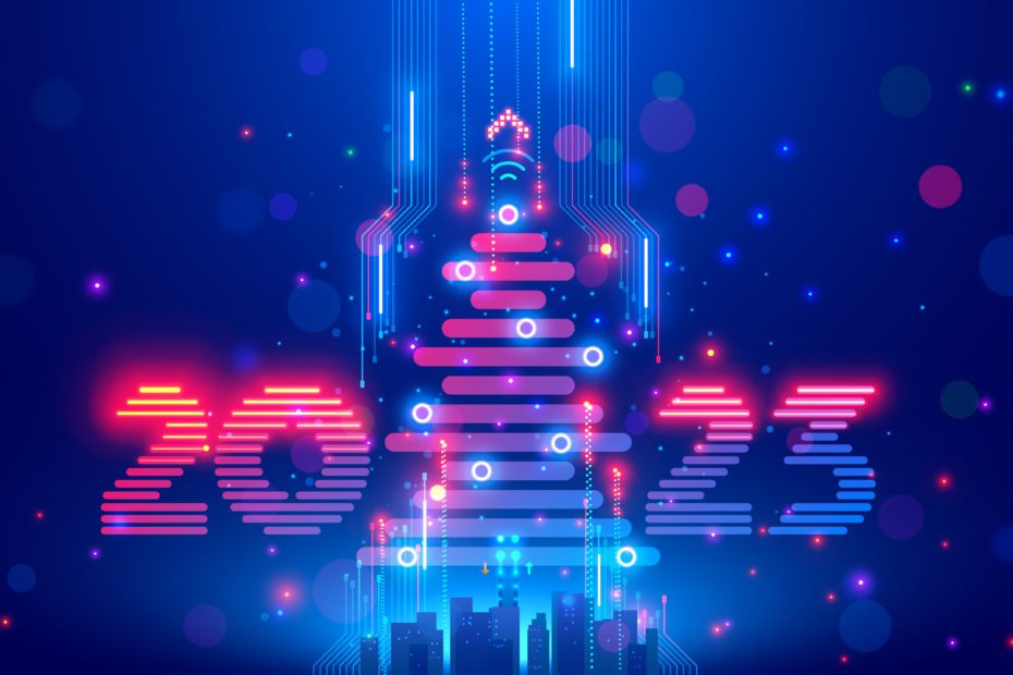 Christmas poster with christmas tree, digits 2023 in electronic technology style. New year, merry christmas congratulations card in cyber computer design. Tech digital banner of event in 2023 year.